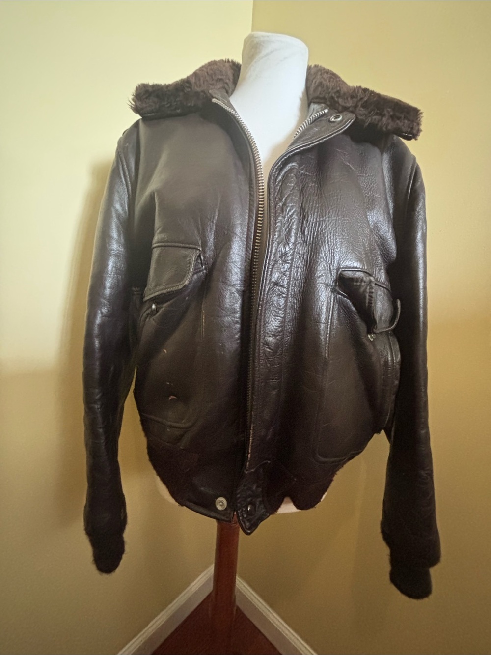 Schott NYC Dark Brown Leather Bomber Jacket with Faux Fur Collar